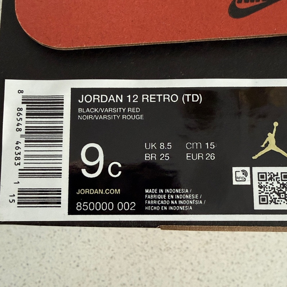 Nike Jordan 12 Retro (TD) Black and Red Jordan Basketball Shoes 9T - Picture 10 of 10